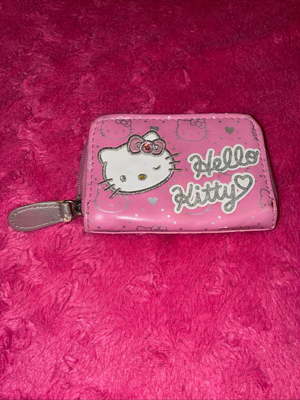 Hello Kitty Hot Pink Zip Card Case with Silver Accents